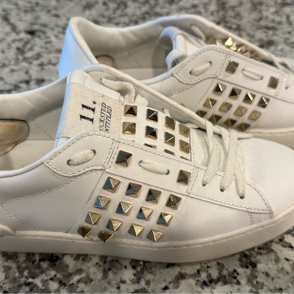 Valentino White Leather Sneakers with Gold Pyramid Studs